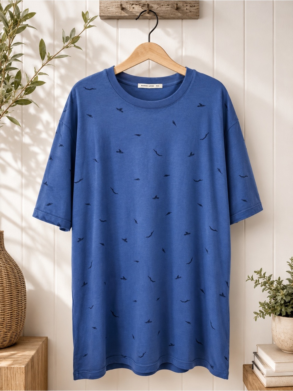 Marine Layer Blue Short-Sleeve Crewneck Tee with Micro Black Print